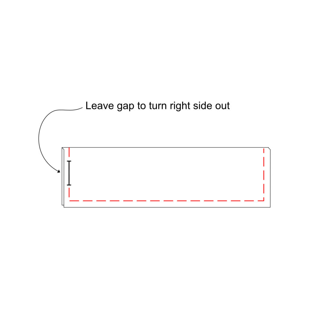 Diagram of a rectangular piece of fabric folded lengthwise with a highlighted stitch path indicated in red and a marker to highlight a gap in the stitching
