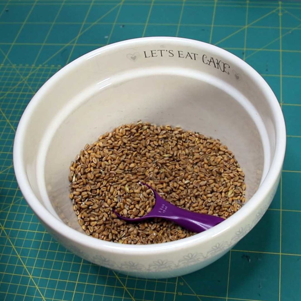 A bowl with a mix of wheat and lavender, as well as a tablespoon