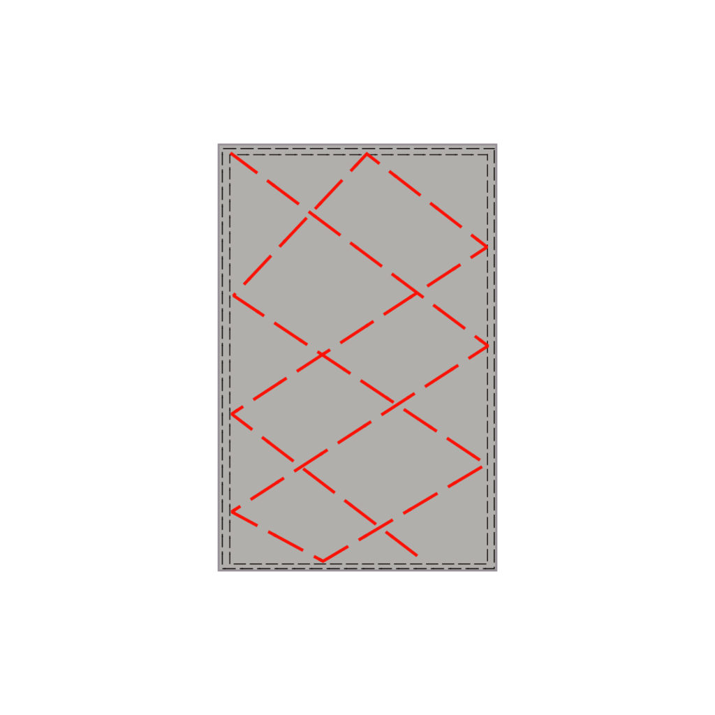 Rectangular dishcloth diagram with a random stitch pattern across the top of the cloth highlighted in red