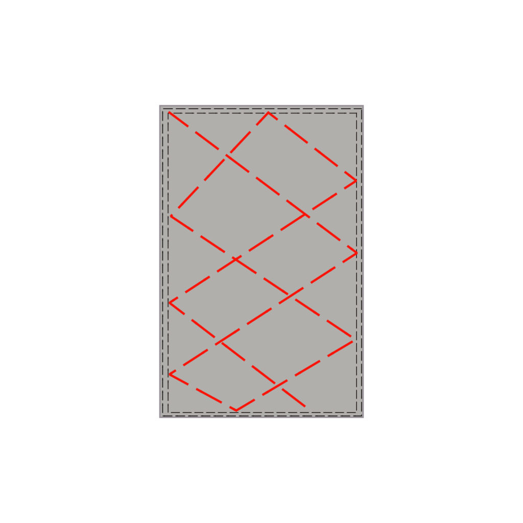 Rectangular dishcloth diagram with a random stitch pattern across the top of the cloth highlighted in red